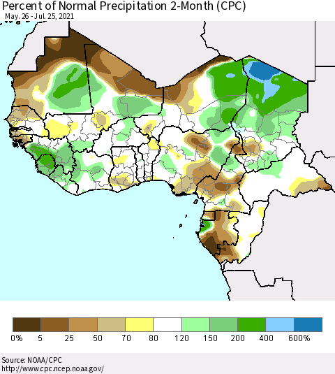 Western Africa Percent of Normal Precipitation 2-Month (CPC) Thematic Map For 5/26/2021 - 7/25/2021