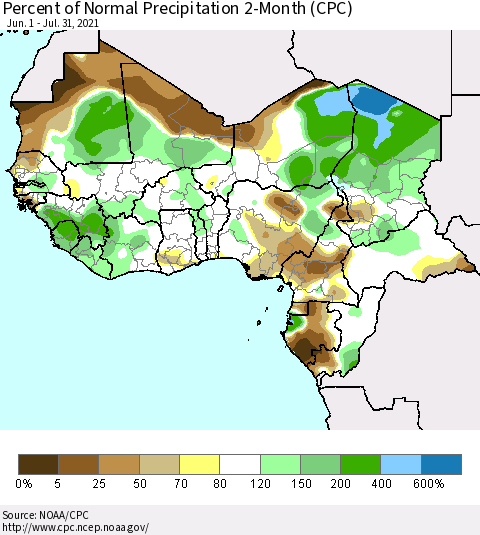 Western Africa Percent of Normal Precipitation 2-Month (CPC) Thematic Map For 6/1/2021 - 7/31/2021