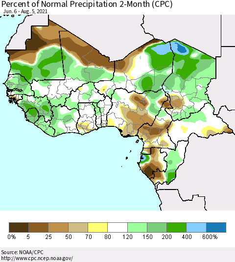 Western Africa Percent of Normal Precipitation 2-Month (CPC) Thematic Map For 6/6/2021 - 8/5/2021