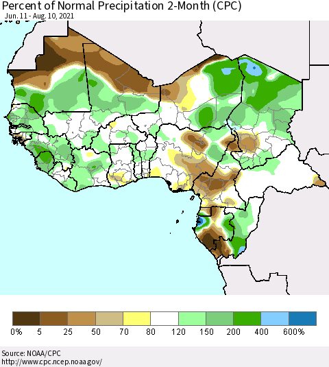 Western Africa Percent of Normal Precipitation 2-Month (CPC) Thematic Map For 6/11/2021 - 8/10/2021