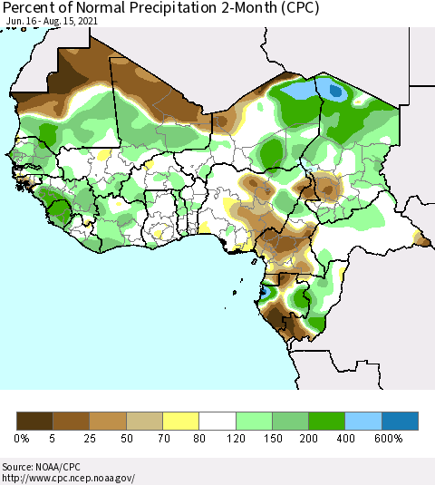Western Africa Percent of Normal Precipitation 2-Month (CPC) Thematic Map For 6/16/2021 - 8/15/2021