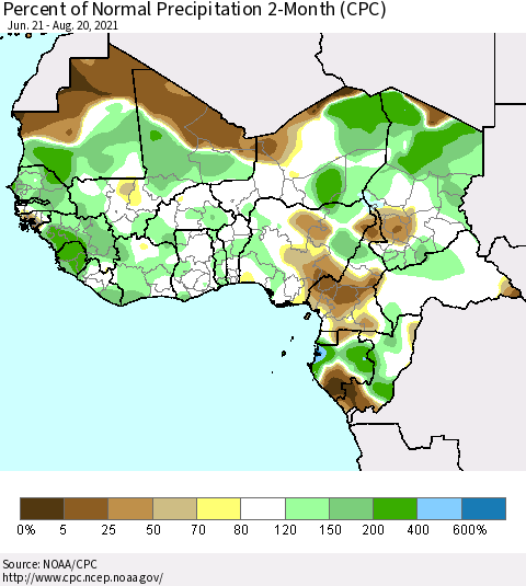 Western Africa Percent of Normal Precipitation 2-Month (CPC) Thematic Map For 6/21/2021 - 8/20/2021