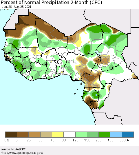 Western Africa Percent of Normal Precipitation 2-Month (CPC) Thematic Map For 6/26/2021 - 8/25/2021