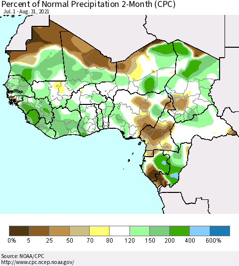 Western Africa Percent of Normal Precipitation 2-Month (CPC) Thematic Map For 7/1/2021 - 8/31/2021