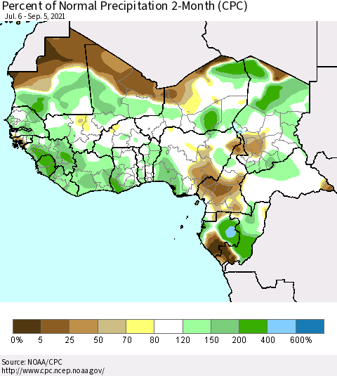 Western Africa Percent of Normal Precipitation 2-Month (CPC) Thematic Map For 7/6/2021 - 9/5/2021