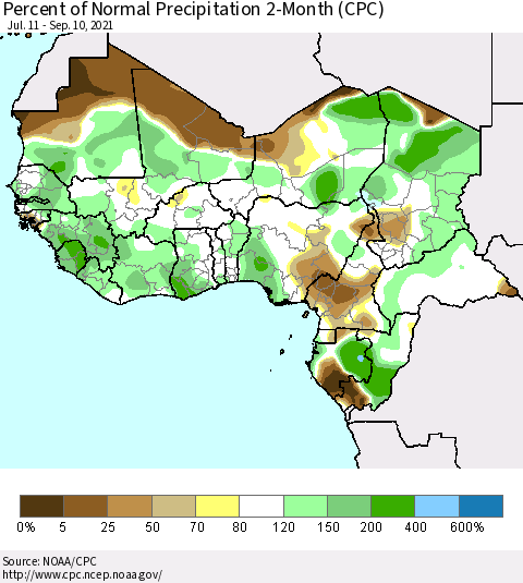 Western Africa Percent of Normal Precipitation 2-Month (CPC) Thematic Map For 7/11/2021 - 9/10/2021