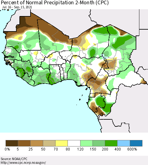 Western Africa Percent of Normal Precipitation 2-Month (CPC) Thematic Map For 7/16/2021 - 9/15/2021