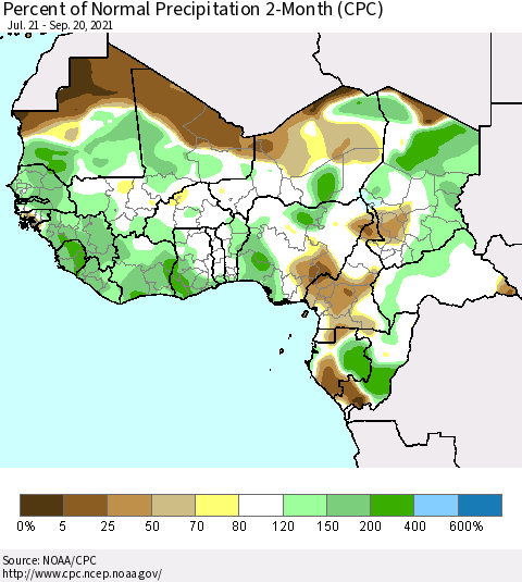 Western Africa Percent of Normal Precipitation 2-Month (CPC) Thematic Map For 7/21/2021 - 9/20/2021