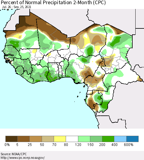 Western Africa Percent of Normal Precipitation 2-Month (CPC) Thematic Map For 7/26/2021 - 9/25/2021