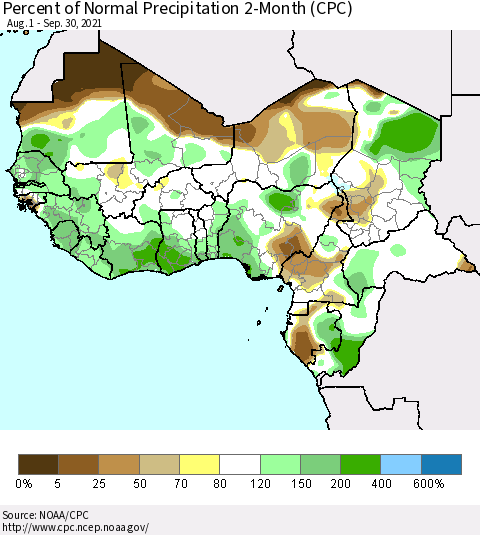 Western Africa Percent of Normal Precipitation 2-Month (CPC) Thematic Map For 8/1/2021 - 9/30/2021