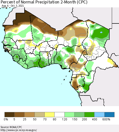 Western Africa Percent of Normal Precipitation 2-Month (CPC) Thematic Map For 8/6/2021 - 10/5/2021