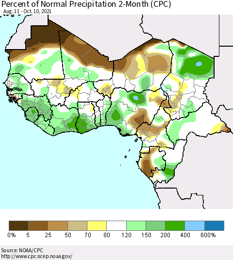 Western Africa Percent of Normal Precipitation 2-Month (CPC) Thematic Map For 8/11/2021 - 10/10/2021