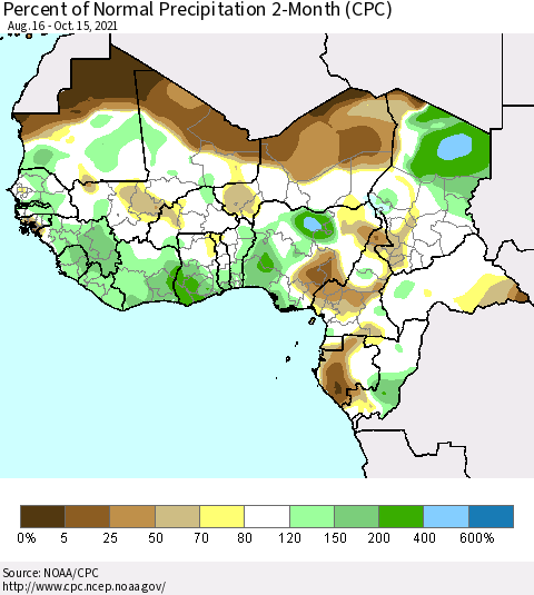 Western Africa Percent of Normal Precipitation 2-Month (CPC) Thematic Map For 8/16/2021 - 10/15/2021