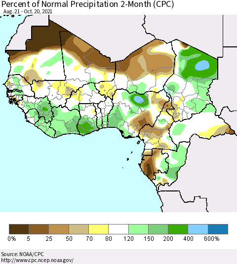 Western Africa Percent of Normal Precipitation 2-Month (CPC) Thematic Map For 8/21/2021 - 10/20/2021