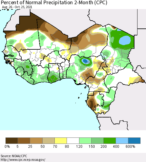 Western Africa Percent of Normal Precipitation 2-Month (CPC) Thematic Map For 8/26/2021 - 10/25/2021