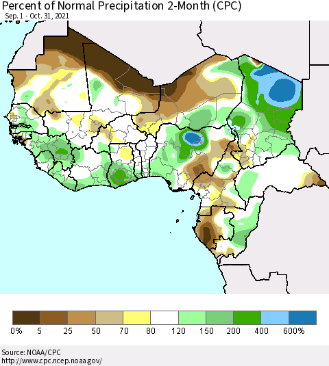 Western Africa Percent of Normal Precipitation 2-Month (CPC) Thematic Map For 9/1/2021 - 10/31/2021