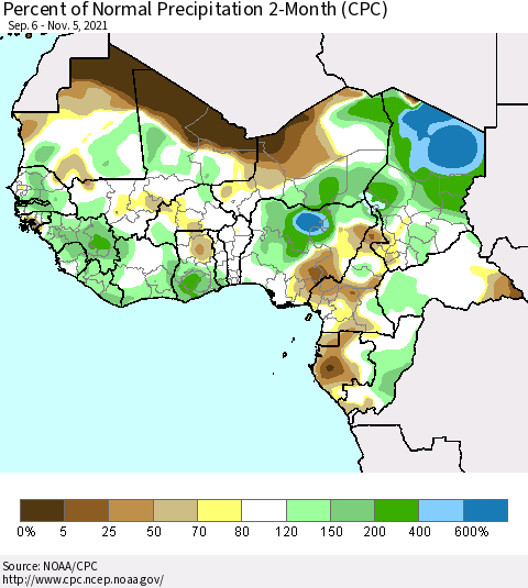 Western Africa Percent of Normal Precipitation 2-Month (CPC) Thematic Map For 9/6/2021 - 11/5/2021