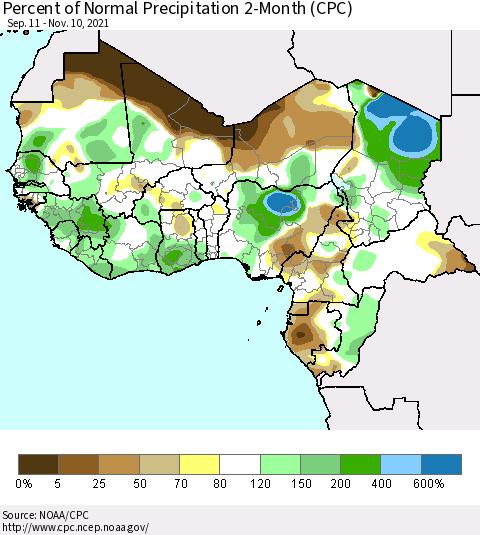 Western Africa Percent of Normal Precipitation 2-Month (CPC) Thematic Map For 9/11/2021 - 11/10/2021