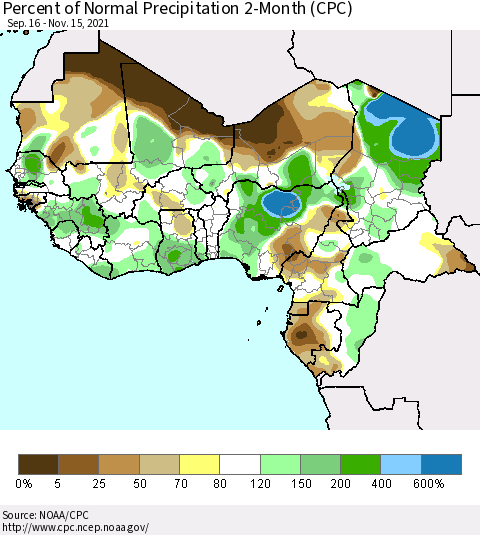 Western Africa Percent of Normal Precipitation 2-Month (CPC) Thematic Map For 9/16/2021 - 11/15/2021