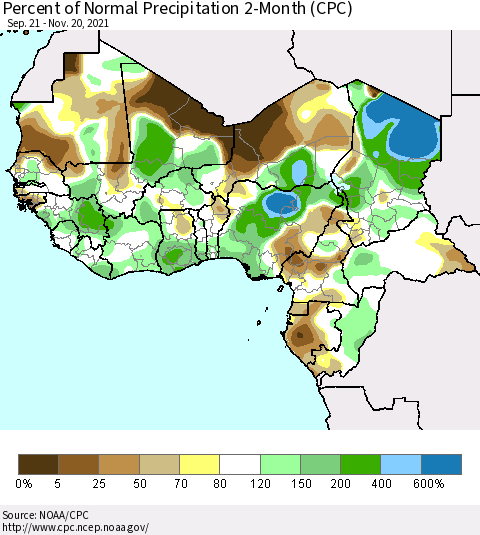 Western Africa Percent of Normal Precipitation 2-Month (CPC) Thematic Map For 9/21/2021 - 11/20/2021