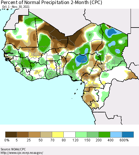 Western Africa Percent of Normal Precipitation 2-Month (CPC) Thematic Map For 10/1/2021 - 11/30/2021