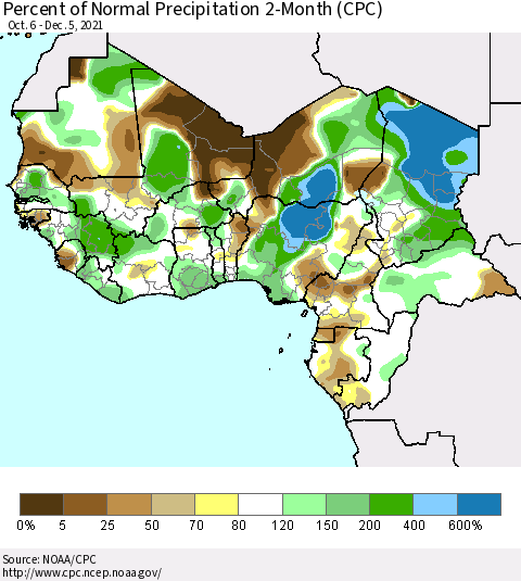 Western Africa Percent of Normal Precipitation 2-Month (CPC) Thematic Map For 10/6/2021 - 12/5/2021