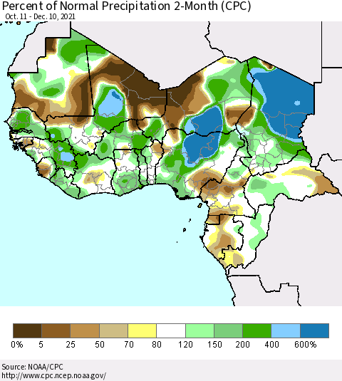 Western Africa Percent of Normal Precipitation 2-Month (CPC) Thematic Map For 10/11/2021 - 12/10/2021