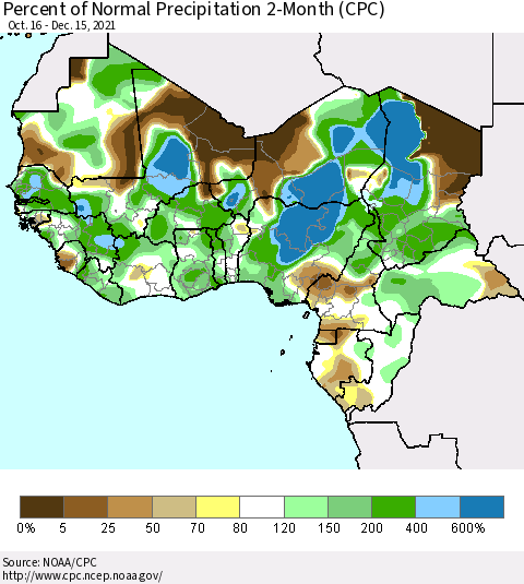 Western Africa Percent of Normal Precipitation 2-Month (CPC) Thematic Map For 10/16/2021 - 12/15/2021