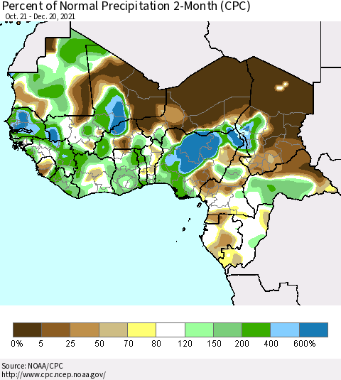 Western Africa Percent of Normal Precipitation 2-Month (CPC) Thematic Map For 10/21/2021 - 12/20/2021