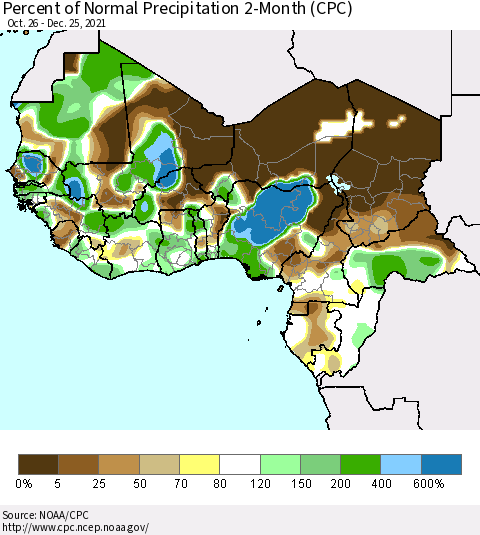 Western Africa Percent of Normal Precipitation 2-Month (CPC) Thematic Map For 10/26/2021 - 12/25/2021
