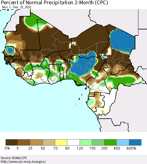 Western Africa Percent of Normal Precipitation 2-Month (CPC) Thematic Map For 11/1/2021 - 12/31/2021
