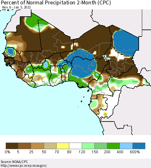 Western Africa Percent of Normal Precipitation 2-Month (CPC) Thematic Map For 11/6/2021 - 1/5/2022