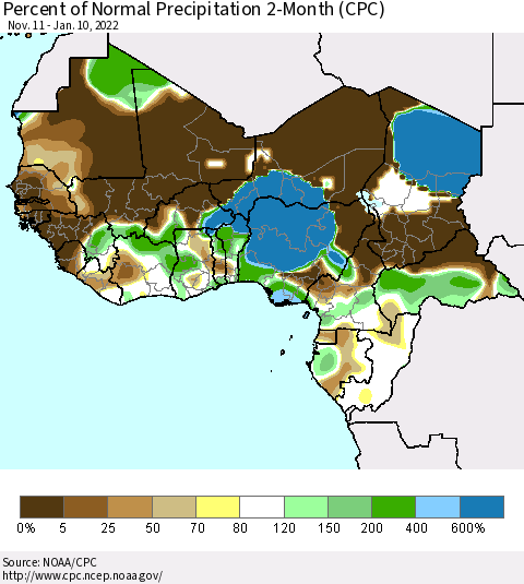 Western Africa Percent of Normal Precipitation 2-Month (CPC) Thematic Map For 11/11/2021 - 1/10/2022