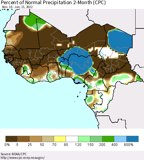 Western Africa Percent of Normal Precipitation 2-Month (CPC) Thematic Map For 11/16/2021 - 1/15/2022