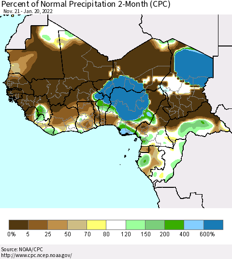 Western Africa Percent of Normal Precipitation 2-Month (CPC) Thematic Map For 11/21/2021 - 1/20/2022