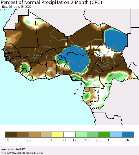 Western Africa Percent of Normal Precipitation 2-Month (CPC) Thematic Map For 11/26/2021 - 1/25/2022
