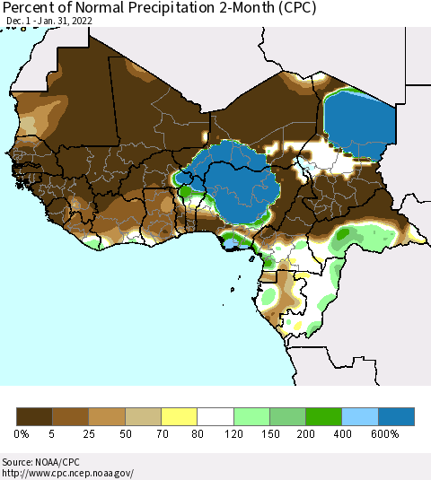 Western Africa Percent of Normal Precipitation 2-Month (CPC) Thematic Map For 12/1/2021 - 1/31/2022