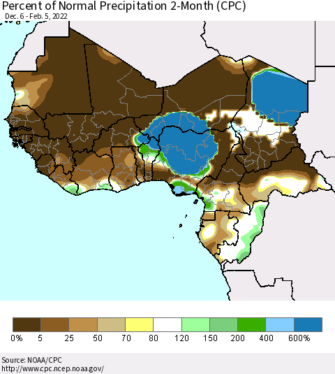 Western Africa Percent of Normal Precipitation 2-Month (CPC) Thematic Map For 12/6/2021 - 2/5/2022