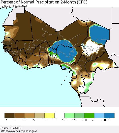 Western Africa Percent of Normal Precipitation 2-Month (CPC) Thematic Map For 12/11/2021 - 2/10/2022