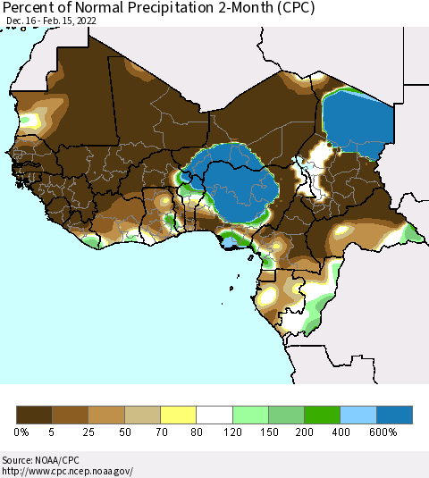 Western Africa Percent of Normal Precipitation 2-Month (CPC) Thematic Map For 12/16/2021 - 2/15/2022