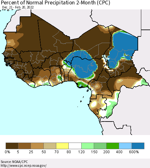 Western Africa Percent of Normal Precipitation 2-Month (CPC) Thematic Map For 12/21/2021 - 2/20/2022