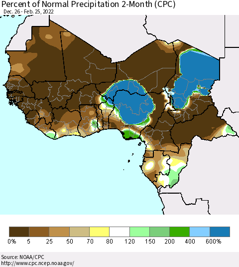 Western Africa Percent of Normal Precipitation 2-Month (CPC) Thematic Map For 12/26/2021 - 2/25/2022