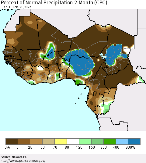 Western Africa Percent of Normal Precipitation 2-Month (CPC) Thematic Map For 1/1/2022 - 2/28/2022