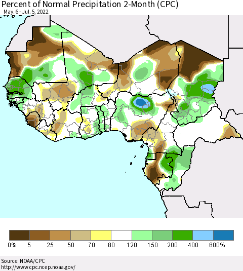 Western Africa Percent of Normal Precipitation 2-Month (CPC) Thematic Map For 5/6/2022 - 7/5/2022