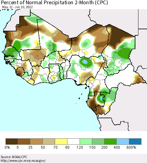 Western Africa Percent of Normal Precipitation 2-Month (CPC) Thematic Map For 5/11/2022 - 7/10/2022