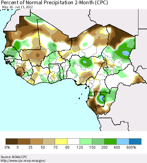 Western Africa Percent of Normal Precipitation 2-Month (CPC) Thematic Map For 5/16/2022 - 7/15/2022