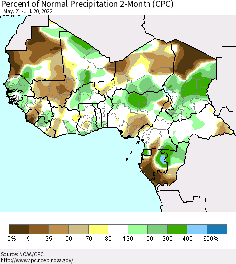 Western Africa Percent of Normal Precipitation 2-Month (CPC) Thematic Map For 5/21/2022 - 7/20/2022