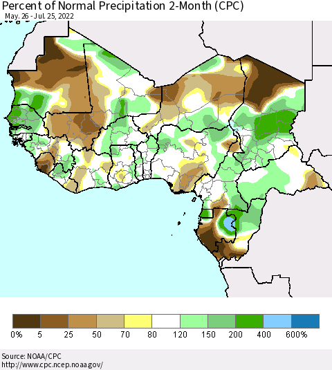 Western Africa Percent of Normal Precipitation 2-Month (CPC) Thematic Map For 5/26/2022 - 7/25/2022