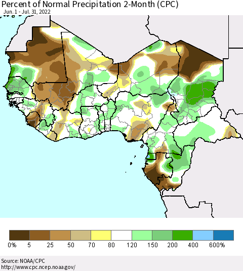 Western Africa Percent of Normal Precipitation 2-Month (CPC) Thematic Map For 6/1/2022 - 7/31/2022