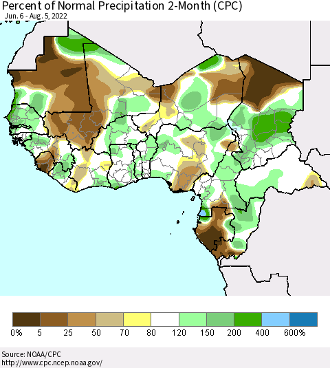 Western Africa Percent of Normal Precipitation 2-Month (CPC) Thematic Map For 6/6/2022 - 8/5/2022